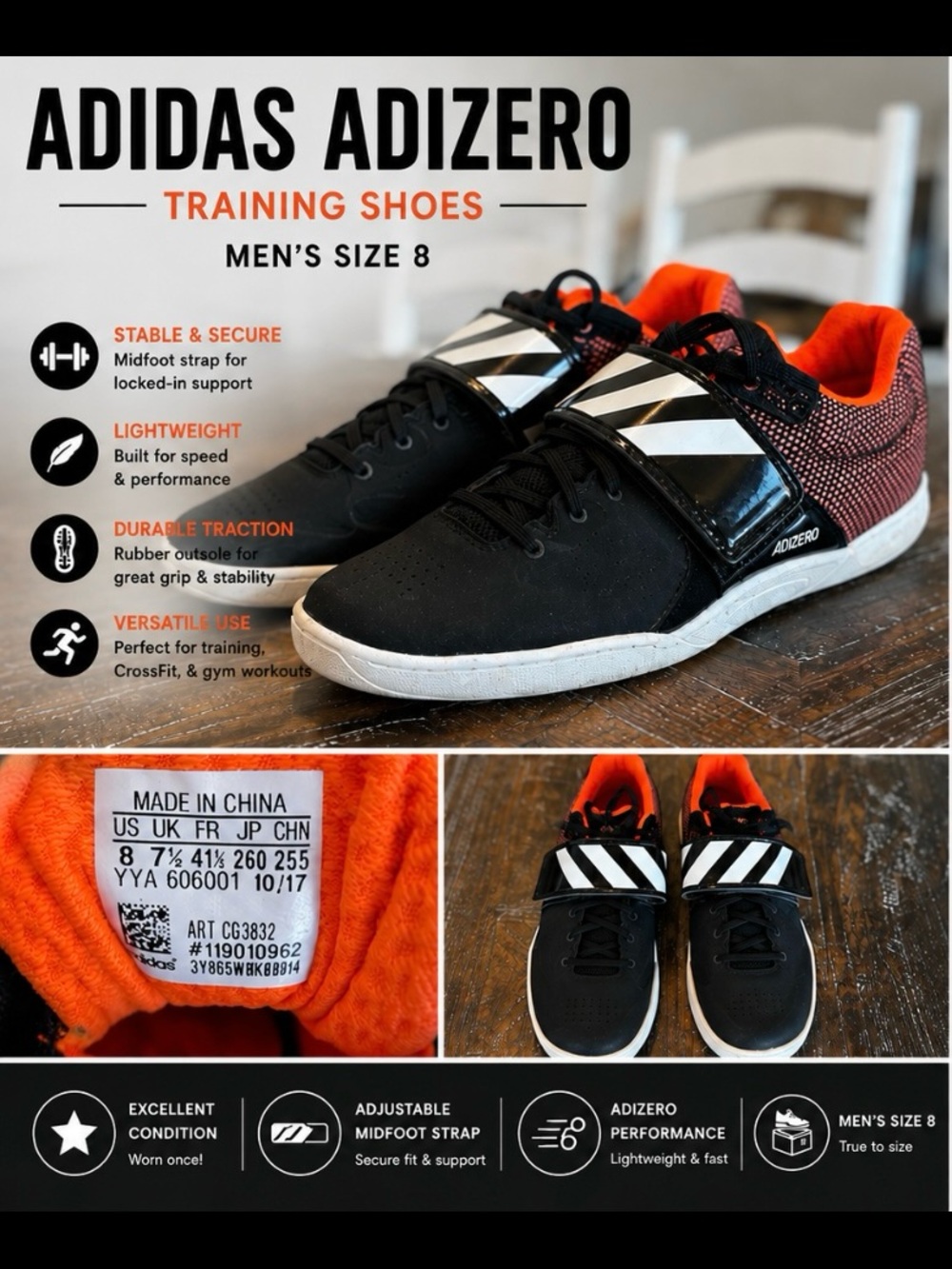 adidas Adizero Men’s Black & Orange Training Sneakers
